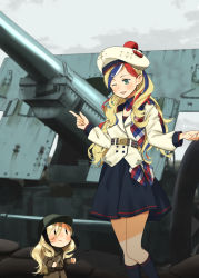 Rule 34 | 2girls, annin musou, belt, beret, black dress, blonde hair, blue eyes, blue hair, buttons, commandant teste (kancolle), double-breasted, dress, fairy (kancolle), hat, highres, kantai collection, kneehighs, long hair, long sleeves, military, military vehicle, motor vehicle, multicolored clothes, multicolored hair, multicolored scarf, multiple girls, open mouth, plaid, plaid scarf, pom pom (clothes), ponytail, red hair, scarf, socks, streaked hair, swept bangs, wavy hair, white hair