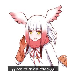 Rule 34 | 10s, 1girl, bird tail, bird wings, coat, disco brando, english text, hair ornament, head wings, highres, japanese crested ibis (kemono friends), kemono friends, long hair, long sleeves, looking at viewer, multicolored hair, open mouth, red hair, red ribbon, ribbon, smile, solo, tail, twitter username, two-tone hair, white coat, white hair, winged hair ornament, wings, yellow eyes