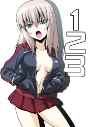 Rule 34 | 1girl, black jacket, blue eyes, breasts, commentary, frown, girls und panzer, hands in pockets, highres, insignia, itsumi erika, jacket, kamishima kanon, looking at viewer, medium breasts, medium hair, miniskirt, no bra, no shirt, open mouth, partially unzipped, pleated skirt, red skirt, shadow, silver hair, simple background, skirt, solo, standing, track jacket, white background