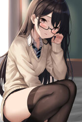 Rule 34 | 1girl, absurdres, arm between legs, black hair, black skirt, black thighhighs, blush, brown cardigan, brown eyes, cardigan, collared shirt, commentary request, diagonal-striped clothes, diagonal-striped necktie, glasses, highres, himura moritaka, indoors, long sleeves, looking at viewer, miniskirt, necktie, on bed, open mouth, original, pleated skirt, school uniform, semi-rimless eyewear, shirt, sitting, skirt, solo, striped clothes, striped necktie, thighhighs, thighs, under-rim eyewear, uniform, white shirt, window