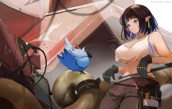 Rule 34 | 1girl, :o, absurdres, against railing, arknights, bare shoulders, black hair, blue eyes, blue hair, bob cut, breasts, bright pupils, cleavage, colored inner hair, crop top, ear piercing, eunectes (arknights), gloves, high priest (arknights), highres, large breasts, looking at another, medium hair, midriff, multicolored hair, no bra, open mouth, pants, piercing, pointy ears, railing, shilonagas, shirt, snake tail, tail, tool belt, torn clothes, torn shirt, twitter username, two-tone hair, underboob, white shirt