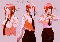 Rule 34 | 1girl, absurdres, arms at sides, arrow (symbol), artist name, black necktie, black pants, braid, braided ponytail, breasts, business suit, chainsaw man, closed mouth, collared shirt, eyebrows, eyes visible through hair, formal, high-waist pants, highres, huge filesize, long sleeves, looking at viewer, looking to the side, machi yashiro, makima (chainsaw man), medium breasts, medium hair, necktie, neckwear request, open mouth, own hands together, pants, pink background, red hair, ringed eyes, shirt, shirt tucked in, short hair, simple background, small breasts, solo, suit, translation request, white shirt