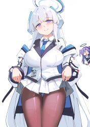 Rule 34 | 2girls, absurdres, blue archive, blue necktie, blush, breasts, brown pantyhose, clothes lift, coat, collared shirt, gluteal fold, grey hair, halo, highres, jacket, large breasts, lifted by self, long hair, long sleeves, looking at viewer, multicolored hair, multiple girls, necktie, noa (blue archive), o o, off shoulder, open mouth, pantyhose, purple eyes, purple hair, shirt, simple background, simplecar, skirt, skirt lift, smile, solo focus, two side up, very long hair, white background, white coat, white hair, white jacket, white shirt, yuuka (blue archive)