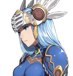 Rule 34 | 1girl, aqua eyes, armor, blue hair, breasts, closed mouth, feathers, gem, headpiece, lenneth valkyrie, long hair, looking away, medium breasts, nagioka, pauldrons, shoulder armor, simple background, solo, straight hair, upper body, valkyrie profile (series), white background