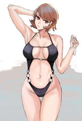 Rule 34 | 1girl, absurdres, arm behind head, arm up, armpits, black one-piece swimsuit, breasts, brown eyes, brown hair, choker removed, closed mouth, collar, earrings, groin, head tilt, highres, holding, holding collar, jewelry, looking at viewer, medium breasts, navel, nero watch, o-ring, o-ring swimsuit, one-piece swimsuit, pearl earrings, persona, persona 3, short hair, solo, stomach, swimsuit, takeba yukari, thigh gap, thighs