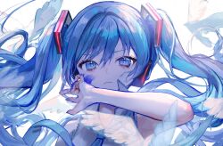 Rule 34 | 1girl, absurdres, bad arm, bird, blue bow, blue bowtie, blue eyes, blue hair, blue theme, bow, bowtie, closed mouth, commentary request, hatsune miku, headphones, highres, long hair, looking at viewer, pipi, shirt, sleeveless, sleeveless shirt, solo, twintails, upper body, vocaloid