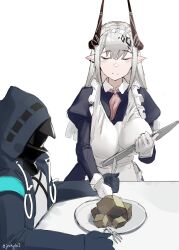 Rule 34 | 1girl, 1other, absurdres, alternate costume, apron, arknights, black coat, black dress, black gloves, blunt bangs, blush, breasts, closed eyes, closed mouth, coat, doctor (arknights), dress, enmaided, fork, gloves, grey hair, highres, holding, holding tray, hood, hood up, hooded coat, horns, jeckylo1, juliet sleeves, large breasts, long hair, long sleeves, maid, maid headdress, mask, mudrock (arknights), orirock (arknights), plate, pointy ears, puffy sleeves, sidelocks, simple background, smile, table, tray, twitter username, unaligned breasts, white apron, white background, white gloves