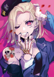 Rule 34 | 1girl, beret, blonde hair, buttons, clenched teeth, ear piercing, eyebrow piercing, finger in own mouth, hand on own head, hat, highres, jewelry, lapels, long sleeves, looking at viewer, mouth pull, nail polish, off shoulder, one eye closed, original, piercing, pink background, pink eyes, pinky ring, puppeteer7777, ring, safety pin, short hair, skeleton, solo, sparkle, tattoo, teeth, upper body