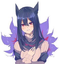 1girl black_hair breasts commentary_request creatures_(company) double-parted_bangs dress game_freak hair_between_eyes hand_over_heart hisuian_typhlosion kusanagi_kaoru large_breasts long_hair looking_at_viewer nintendo personification pokemon purple_eyes simple_background sleeves_past_wrists smile solo turtleneck upper_body white_background