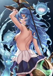 Rule 34 | 1girl, animal ears, arm up, armpits, back, backless dress, backless outfit, bare back, black gloves, blue hair, blue skirt, breasts, dress, earrings, erune, ferry (granblue fantasy), fugee (granblue fantasy), geegee (granblue fantasy), ghost, gloves, granblue fantasy, hair between eyes, highres, holding, holding whip, jewelry, long hair, looking at viewer, medium breasts, nicola (granblue fantasy), open mouth, rabbit ears, sideboob, single earring, skirt, takanashi-a, vial, wavy hair, whip, yellow eyes