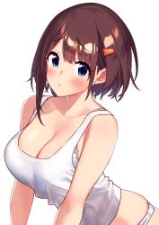 Rule 34 | 1girl, absurdres, asymmetrical hair, baffu, bare shoulders, blue eyes, blush, bra, bra slip, breasts, brown hair, cleavage, collarbone, hair ornament, hairclip, highres, hitoyo (baffu), large breasts, looking at viewer, open mouth, original, short hair, short hair with long locks, simple background, solo, tank top, underwear, white background, white bra, white tank top