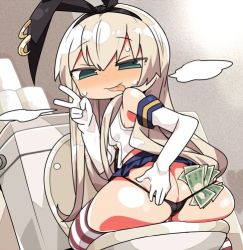 Rule 34 | 1girl, :p, ass, black panties, blonde hair, blue skirt, blush, butt crack, elbow gloves, gloves, green eyes, horizontal-striped legwear, kanikama, kantai collection, long hair, looking at viewer, looking back, lowres, money, object in clothes, object in panties, panties, shimakaze (kancolle), sitting, skirt, solo, striped clothes, striped thighhighs, thighhighs, toilet, tongue, tongue out, tucked money, underwear, v, white gloves