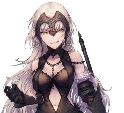 Rule 34 | amo (silent bomb19), bad id, bad twitter id, bare shoulders, blonde hair, center opening, chain, elbow gloves, fate/grand order, fate (series), gauntlets, gloves, grin, headpiece, jeanne d&#039;arc (fate), jeanne d&#039;arc alter (avenger) (fate), jeanne d&#039;arc alter (avenger) (third ascension) (fate), jeanne d&#039;arc alter (fate), long hair, navel, simple background, smile, very long hair, white background, yellow eyes