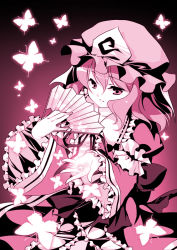 Rule 34 | 1girl, bug, butterfly, hand fan, female focus, folding fan, hat, bug, japanese clothes, kimono, monochrome, pink theme, ribbon, saigyouji yuyuko, shinia, short hair, solo, touhou