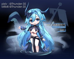Rule 34 | 1girl, azur lane, bilibili username, black coat, blue eyes, blue hair, blue horns, breast curtains, breasts, character name, chibi, coat, full body, hair between eyes, hand up, horns, large breasts, long hair, mary celeste (azur lane), open clothes, open coat, open mouth, pixiv username, pointy ears, revealing clothes, smile, solo, standing, suction cups, tentacles, thunder-35, torn clothes, very long hair