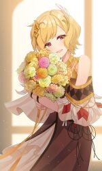 Rule 34 | 1girl, blonde hair, bouquet, bracelet, brast47600296, choker, citrinne (fire emblem), commentary request, dress, feather hair ornament, feathers, fire emblem, fire emblem engage, flower, gold choker, gold trim, hair ornament, highres, holding, holding bouquet, jewelry, looking at viewer, necklace, nintendo, open mouth, red eyes, shawl, short hair, smile, solo
