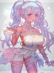 Rule 34 | 1girl, blush, breasts, brown eyes, cowboy shot, hand up, large breasts, long hair, looking at viewer, open mouth, original, shadow, solo, sparkle, thighhighs, twintails, voruvoru, white hair