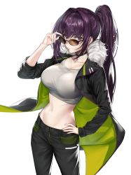 Rule 34 | 1girl, adjusting eyewear, adjusting glasses, bad id, bad pixiv id, black pants, blush, breasts, casual, choker, coat, collarbone, cowboy shot, crop top, earrings, fate/grand order, fate (series), fur-trimmed coat, fur trim, hand on own hip, highres, jacket, jewelry, large breasts, long hair, looking at viewer, looking over eyewear, looking over glasses, navel, open clothes, open coat, pants, ponytail, purple hair, red eyes, scathach (fate), sidelocks, simple background, solo, stomach, sunglasses, tinted eyewear, very long hair, white background, yagitome87