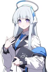 Rule 34 | 1girl, blue archive, blue necktie, blunt bangs, book, collared shirt, commentary, halo, hand up, headgear, highres, holding, holding book, i&#039;m stuff (meme), jacket, light blush, long hair, long sleeves, looking at viewer, meme, necktie, noa (blue archive), off shoulder, open clothes, open jacket, pose imitation, puffy long sleeves, puffy sleeves, purple eyes, reia 76, robert downey jr., shirt, solo, very long hair, white hair, white halo, white jacket, white shirt