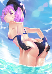 Rule 34 | 1girl, armpits, ass, ass grab, back, bare shoulders, bikini, black bikini, black hat, blush, breasts, butt crack, covered erect nipples, day, fate/grand order, fate (series), gloves, hands on ass, hat, helena blavatsky (fate), helena blavatsky (swimsuit archer) (fate), helena blavatsky (swimsuit archer) (third ascension) (fate), looking at viewer, looking back, majin (kiidoumajin), open mouth, purple eyes, purple hair, shiny skin, short hair, small breasts, solo, swimsuit, thighs, wading, water