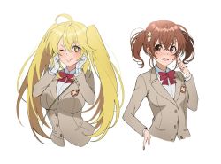 Rule 34 | 2girls, ahoge, alternate hairstyle, artist request, blonde hair, blush, bow, breasts, brown eyes, brown hair, buttons, gloves, hair between eyes, hand on own hip, hand up, hands up, jacket, large breasts, light blush, long hair, long sleeve shirt, long sleeved jacket, long sleeves, looking at viewer, medium hair, misaka mikoto, multiple girls, bowtie, one eye closed, open mouth, red bow, red neckwear, school uniform, shirt, shokuhou misaki, short hair, simple background, small breasts, smile, t-shirt, teeth, toaru kagaku no railgun, toaru majutsu no index, toaru majutsu no index gaiden: toaru kagaku no mental out, tokiwadai school uniform, tongue, tongue out, twintails, upper body, v-shaped eyebrows, very long hair, white background, white gloves, white shirt, wink, yellow eyes