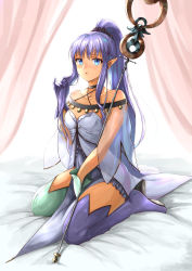 Rule 34 | 1girl, :o, asymmetrical gloves, asymmetrical legwear, bare arms, bare shoulders, bed, bed sheet, between legs, black scrunchie, blue eyes, boots, breasts, canopy bed, capelet, collarbone, commentary request, criss-cross halter, curtains, dress, fate/grand order, fate (series), full body, gloves, green footwear, green gloves, hair ornament, hair scrunchie, halterneck, high heel boots, high heels, high ponytail, highres, holding, holding hair, long hair, looking at viewer, magical girl, medea (lily) (fate), mismatched gloves, mismatched legwear, ohako (ohako1818), pointy ears, ponytail, purple dress, purple footwear, purple gloves, purple hair, scrunchie, see-through, seiza, sidelocks, sitting, small breasts, solo, staff, strapless, strapless dress, thigh boots, thighhighs, very long hair