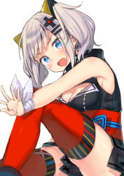 Rule 34 | 1girl, :d, armpits, bare shoulders, black dress, blue eyes, blush, breasts, cleavage, cleavage cutout, clothing cutout, commentary request, dress, hair ornament, hairclip, kaguya luna, medium breasts, midorikawa you, obi, open mouth, pleated dress, red thighhighs, sash, silver hair, simple background, sleeveless, sleeveless dress, smile, solo, teeth, the moon studio, thighhighs, twintails, upper teeth only, v-shaped eyebrows, virtual youtuber, white background