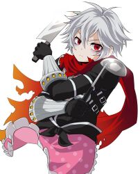 Rule 34 | 1boy, apron, armor, assassin cross (ragnarok online), bags under eyes, black gloves, black shirt, cleaver, closed mouth, commentary request, cropped torso, doroidsan, dual wielding, frown, gloves, grey hair, hair between eyes, highres, holding, holding knife, honing steel, knife, long bangs, looking at viewer, male focus, open clothes, open shirt, pauldrons, pink apron, polka dot, polka dot apron, ragnarok online, red eyes, red scarf, scarf, shirt, short hair, shoulder armor, shy (ragnarok online), simple background, solo, torn clothes, torn scarf, upper body, vambraces, waist apron, white background