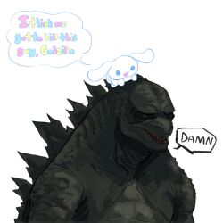 Rule 34 | 2others, animal, animal on head, blue eyes, character request, cinnamoroll, commentary, copyright request, english commentary, english text, fangs, godzilla, godzilla (2014), godzilla (series), highres, i think we&#039;re gonna have to kill this guy steven (meme), kaijuu, legendary pictures, lins (faemothra), meme, monsterverse, multiple others, no humans, on head, open mouth, sanrio, speech bubble, togo, white background