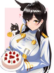 Rule 34 | 1girl, animal ears, atago (azur lane), azur lane, black hair, blush, breasts, cake, candle, closed mouth, commentary request, dessert, dog, dog ears, extra ears, food, fruit, hair behind ear, heart, holding, holding plate, icing, kagiyama (clave), large breasts, long hair, manjuu (azur lane), military, military uniform, mole, mole under eye, pastry, pink background, pink lips, plate, ribbon, smile, strawberry, swept bangs, uniform, white ribbon, yellow eyes