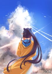 Rule 34 | 1girl, cloud, cloudy sky, dress, from behind, highres, hololive, hololive english, long hair, ninomae ina&#039;nis, ponytail, purple hair, raincoat, sky, solo, takomonty, very long hair, violet (ninomae ina&#039;nis), virtual youtuber