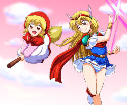 Rule 34 | 1990s (style), 2girls, akazukin chacha, armor, belt, blonde hair, blue dress, blue panties, blush, boots, bow, bracelet, broom, broom riding, brown eyes, chacha, chacha (akazukin chacha), choker, dress, flying, hairband, hood, jewelry, leg up, long hair, looking at viewer, magical girl, magical princess, marimon m, multiple girls, open mouth, panties, pauldrons, retro artstyle, scarf, shoulder armor, smile, standing, striped clothes, striped panties, twintails, underwear