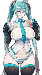 Rule 34 | 1girl, aqua necktie, black thighhighs, blue archive, celyn404, clenched hand, collared shirt, detached sleeves, green eyes, green hair, hair ornament, halo, hatsune miku, highres, large pectorals, lips, long sleeves, looking at viewer, navel, necktie, panties, pectorals, shirt, simple background, sleeveless, sleeveless shirt, sleeves past wrists, smile, solo, striped clothes, striped panties, thighhighs, twintails, underwear, vocaloid, white background, white shirt