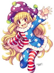 Rule 34 | 1girl, :d, adapted costume, american flag dress, american flag legwear, blonde hair, blush, clownpiece, cropped legs, dated, eyebrows, fur trim, hat, iroyopon, jester cap, long hair, long sleeves, looking at viewer, open mouth, outstretched arm, pantyhose, polka dot, red eyes, round teeth, simple background, smile, solo, star (symbol), star print, striped, teeth, thick eyebrows, touhou, very long hair, wavy hair, white background, winter clothes