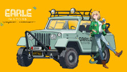 Rule 34 | 1girl, absurdres, ahoge, arknights, blonde hair, boots, brown footwear, collared shirt, commentary request, denim, english text, full body, green jacket, hand up, headlight, highres, holding, horns, jacket, jeans, jeep, juice box, leaning against vehicle, license plate, long sleeves, looking at viewer, motor vehicle, open clothes, open jacket, pants, pointy ears, red eyes, shinnasuka025, shirt, shirt tucked in, short hair, solo, standing, standing on one leg, tail, tire, vanilla (arknights), vehicle focus, wheel, white shirt, windshield