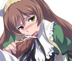 Rule 34 | 00s, 1girl, :&gt;=, akira (coffee curry), blush, brown hair, censored, cum, cum in mouth, fellatio, heterochromia, oral, penis, pointless censoring, rozen maiden, solo focus, suiseiseki