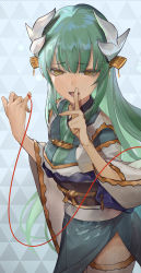 Rule 34 | 1girl, :d, aqua hair, fate/grand order, fate (series), finger to mouth, hair ornament, highres, horns, japanese clothes, kimono, kiyohime (fate), long hair, nuda, open mouth, sash, shushing, smile, solo, string, string of fate, yellow eyes