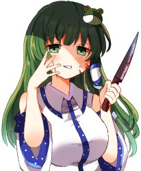 Rule 34 | 1girl, bare shoulders, blood, blood on face, bloody knife, breasts, collared shirt, crying, crying with eyes open, detached sleeves, frog hair ornament, green eyes, green hair, hair ornament, hair tubes, highres, knife, kochiya sanae, large breasts, long hair, looking at viewer, shirt, simple background, sleeveless, snake hair ornament, solo, tears, teeth, touhou, upper body, white background, white shirt, zerokosan