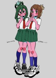 Rule 34 | 2girls, alternate hairstyle, anna (aannnaa3), asui tsuyu, black eyes, blue socks, blush, boku no hero academia, bow-shaped hair, brown eyes, brown hair, closed mouth, collared shirt, commentary request, finger to mouth, fingers to mouth, folded ponytail, full body, green hair, green skirt, grey background, hair between eyes, highres, looking at viewer, multiple girls, necktie, own hands together, pleated skirt, red necktie, romaji text, school uniform, shirt, shoes, short sleeves, sidelocks, simple background, skirt, sneakers, socks, standing, u.a. school uniform, uraraka ochako, white footwear, white shirt