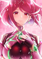 Rule 34 | 1girl, arm guards, armor, blush, breasts, closed mouth, commentary request, earrings, fingerless gloves, floating hair, gem, glint, gloves, glowing, hand on own hip, hand on own chest, impossible clothes, jewelry, large breasts, looking at viewer, nintendo, pink background, purple gloves, purple hair, pyra (xenoblade), red eyes, red hair, short hair, shoulder armor, smile, solo, swept bangs, takatun223, upper body, xenoblade chronicles (series), xenoblade chronicles 2