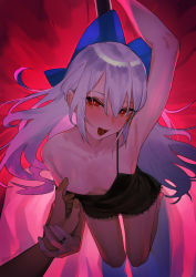 Rule 34 | 1boy, 1girl, absurdres, arm up, armpits, beijuu, black dress, blush, bow, breasts, commentary request, dress, girls&#039; frontline, grey hair, hair between eyes, hair bow, highres, jewelry, long hair, looking at viewer, open mouth, pov, pov hands, red eyes, ring, sleeveless, sleeveless dress, small breasts, solo focus, tokarev (girls&#039; frontline), tongue, tongue out, twitter username, wedding ring