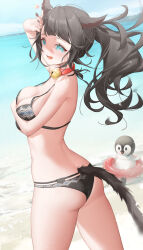 Rule 34 | 1girl, animal ears, arm across chest, arm up, ass, beach, bell, bikini, bird, black bikini, black hair, black nails, blue eyes, blue sky, borrowed character, breasts, cleavage, commentary, commission, day, ear ornament, freckles, highres, innertube, large breasts, long hair, metatarou, neck bell, ocean, open mouth, original, outdoors, penguin, ponytail, shading eyes, skeb commission, sky, smile, solo, swim ring, swimsuit, tail