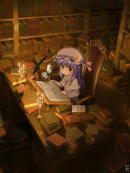 Rule 34 | 1girl, book, bookshelf, candle, chair, crescent, crescent moon, cup, female focus, geshopu, hair ribbon, hat, library, mob cap, moon, open book, patchouli knowledge, purple hair, quill, reading, ribbon, sitting, solo, table, teacup, teapot, touhou, voile