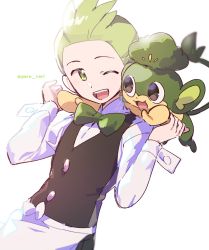Rule 34 | 1boy, ;d, absurdres, apron, cilan (pokemon), commentary request, creatures (company), game freak, gen 5 pokemon, green eyes, green hair, green necktie, hands up, highres, male focus, necktie, nintendo, no sclera, on shoulder, one eye closed, open mouth, pansage, paru rari, pokemon, pokemon (anime), pokemon (creature), pokemon bw (anime), pokemon on shoulder, shirt, short hair, smile, teeth, tongue, twitter username, upper teeth only, vest, waist apron, watermark, white apron, white background, white shirt