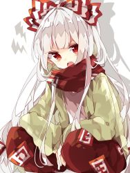 Rule 34 | 1girl, bow, cardigan, commentary, feet out of frame, fujiwara no mokou, green cardigan, hair bow, highres, lightning bolt symbol, long hair, long sleeves, looking at viewer, nikorashi-ka, ofuda, ofuda on clothes, one-hour drawing challenge, open cardigan, open clothes, open mouth, pants, red bow, red eyes, red pants, red scarf, scarf, solo, squatting, sweater, teeth, touhou, two-tone bow, upper teeth only, very long hair, white background, white bow, white hair, white sweater