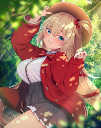 Rule 34 | 1girl, akai haato, arm up, black skirt, blonde hair, blue eyes, blush, bow, bowtie, breasts, brown hat, collared shirt, commentary request, day, hair between eyes, hair ornament, hair ribbon, hand on headwear, hat, heart, heart hair ornament, highres, hololive, jacket, large breasts, long hair, long sleeves, magowasabi, nail polish, one side up, open clothes, open jacket, outdoors, parted lips, pleated skirt, red bow, red bowtie, red jacket, red nails, red ribbon, ribbon, shirt, signature, skirt, smile, solo, twitter username, very long hair, virtual youtuber, white shirt