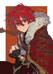 Rule 34 | 1boy, alexander (fate), braid, cape, character name, english text, fate/grand order, fate (series), fingerless gloves, fur-trimmed cape, fur trim, gloves, hair between eyes, highres, long hair, looking at viewer, male focus, muni (fdrk), red cape, red eyes, red hair, single braid, smile, solo