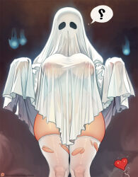 Rule 34 | 1girl, ?, breasts, ghost costume, heart, hitodama, large breasts, naked costume, nikichen, nipples, original, see-through, solo, speech bubble, thighhighs, torn clothes, torn thighhighs, white thighhighs