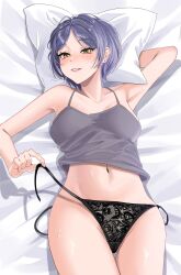 Rule 34 | 1girl, absurdres, arm up, armpits, bed sheet, black panties, blue hair, blush, breasts, camisole, collarbone, commentary request, earrings, fat mons, grey camisole, groin, hayami kanade, highres, idolmaster, idolmaster cinderella girls, jewelry, lace, lace panties, lllllaaaaauuu, looking at viewer, lying, medium breasts, on back, panties, pillow, short hair, side-tie panties, smile, solo, stomach, stud earrings, sweat, thigh gap, thighhighs, underwear, untied panties