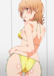 1girl ass back backboob bare_shoulders bikini blush breasts brown_eyes brown_hair butt_crack from_behind halterneck hand_on_own_hip highres isshiki_iroha looking_at_viewer looking_back lower_teeth_only medium_breasts medium_hair open_mouth revision shiny_skin short_hair shou937 side-tie_bikini_bottom solo standing string_bikini swimsuit teeth yahari_ore_no_seishun_lovecome_wa_machigatteiru. yellow_bikini